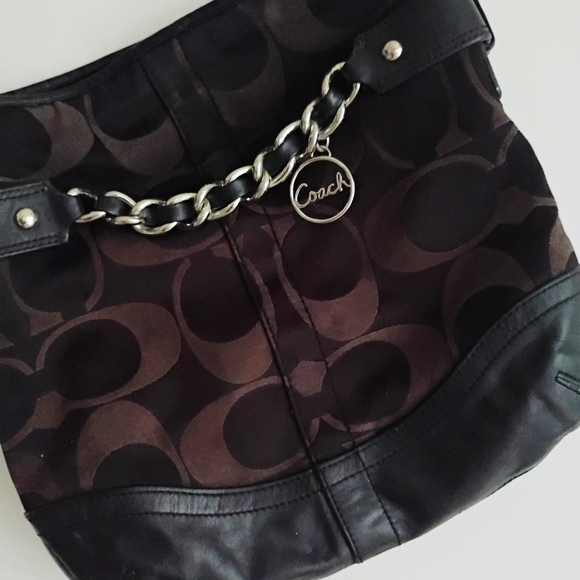 Coach Black Leather Dark Brown Canvas Signature Crossbody Bag Purse - Picture 2 of 15